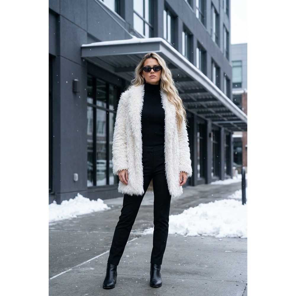 Express Womens Cream Faux Fur Shaggy Open Front Coat Jacket XS/S